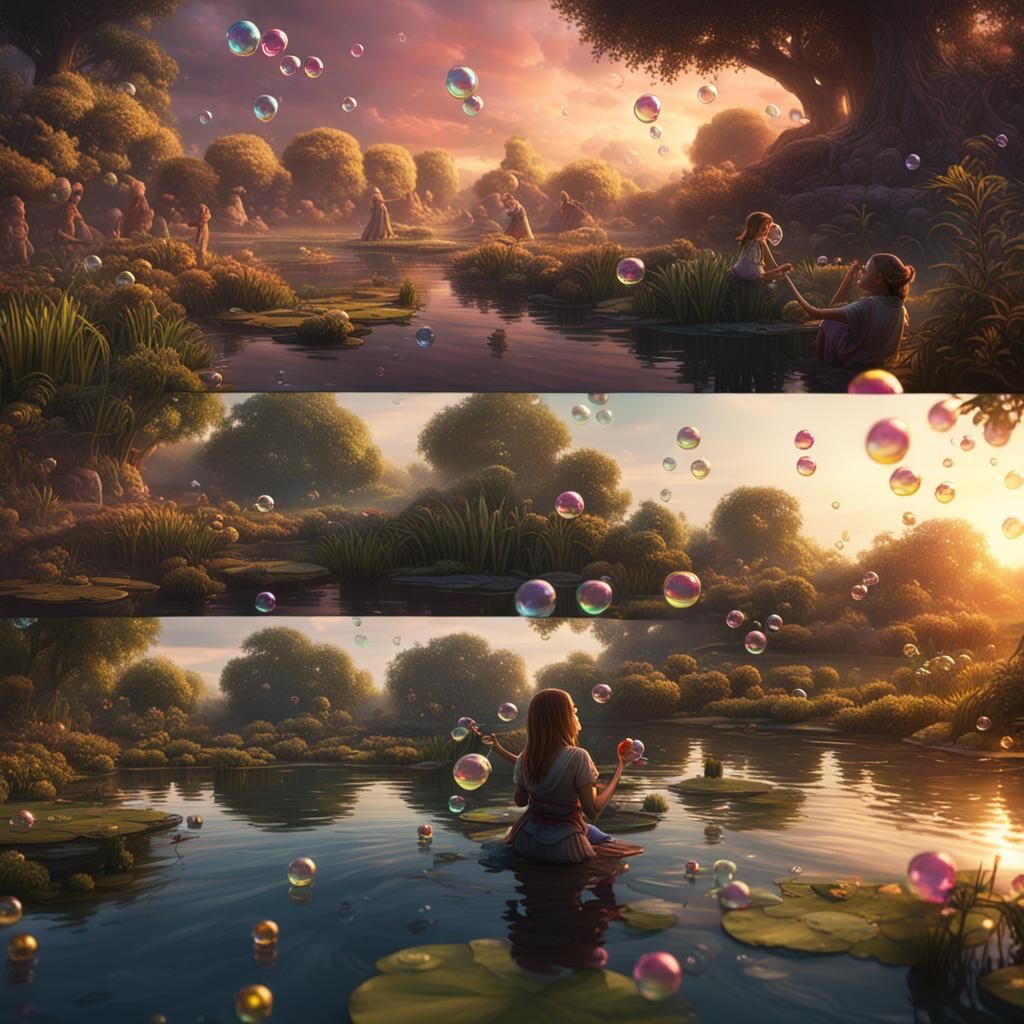 Lily Pond Sunset: Girl Blowing Bubbles