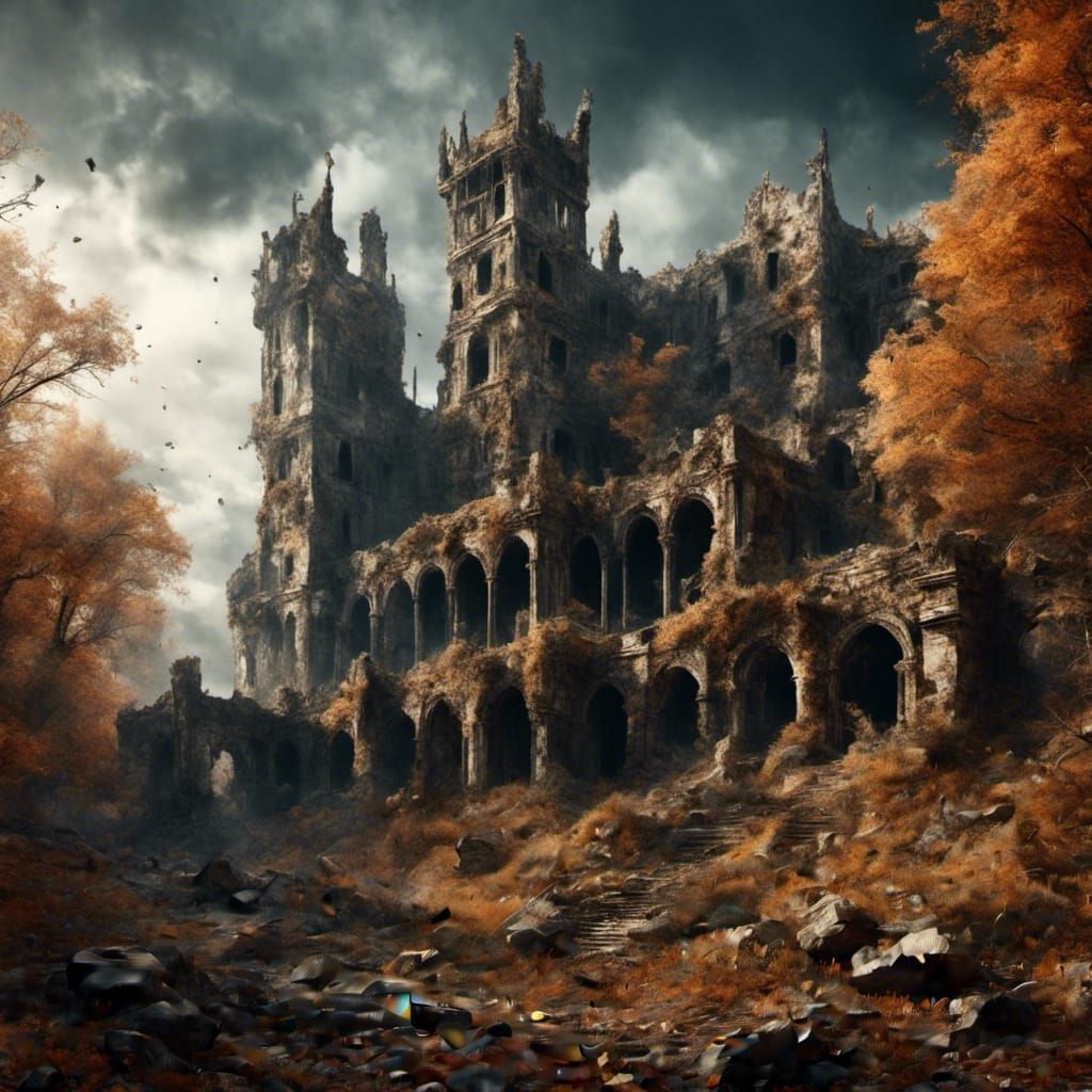 Ruined Medieval Castle with Macabre Details