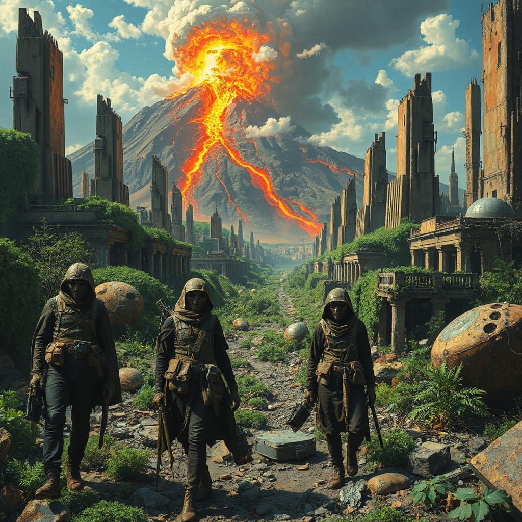 Sci-Fi Scavengers in Lush Ruins, Surrealist Oil Painting