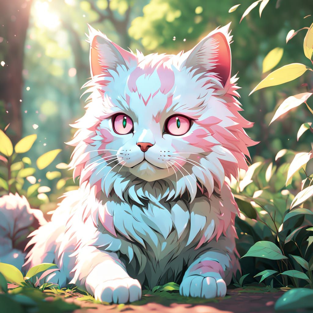 Whimsical Anime-Inspired Cat in Soft Pastel Hues
