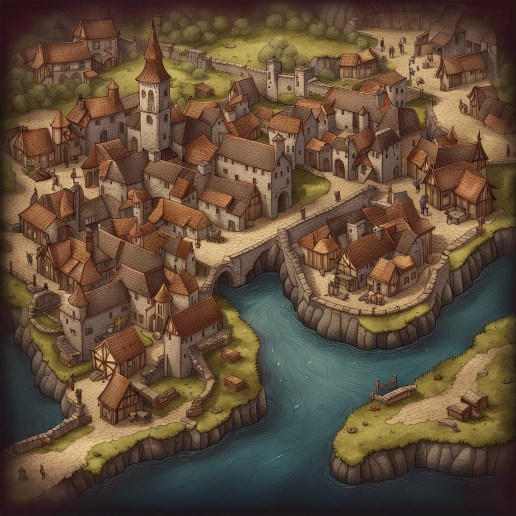 Medieval Town Map with Waterway, Hand-Drawn Style