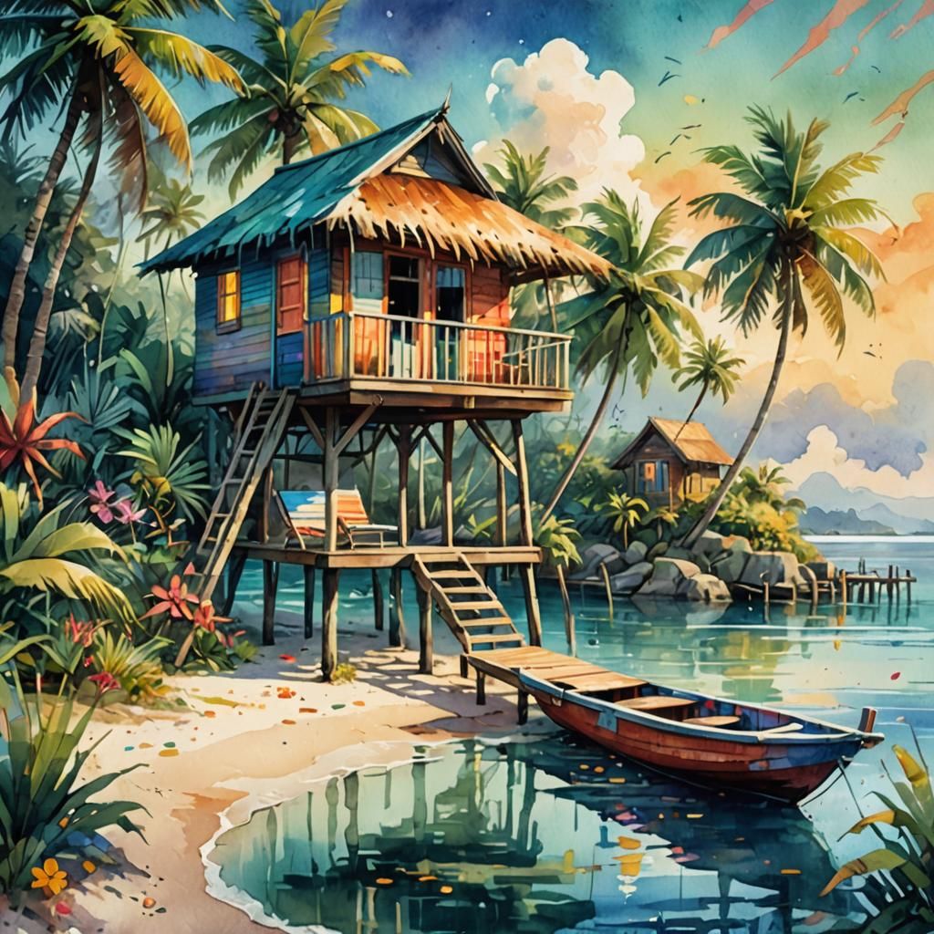 colorful tropical beach with palm trees and a charming beach...