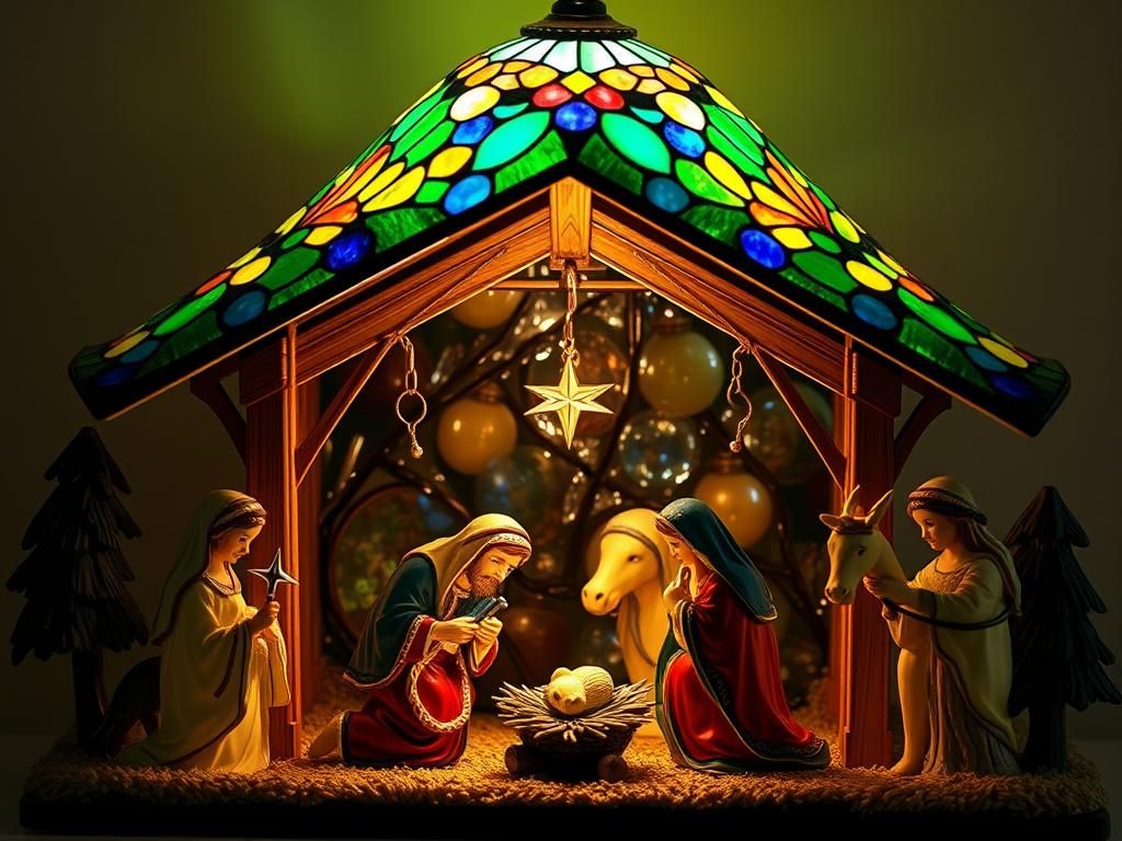 A Nativity scene with enamelled glass  figurines with the ro...