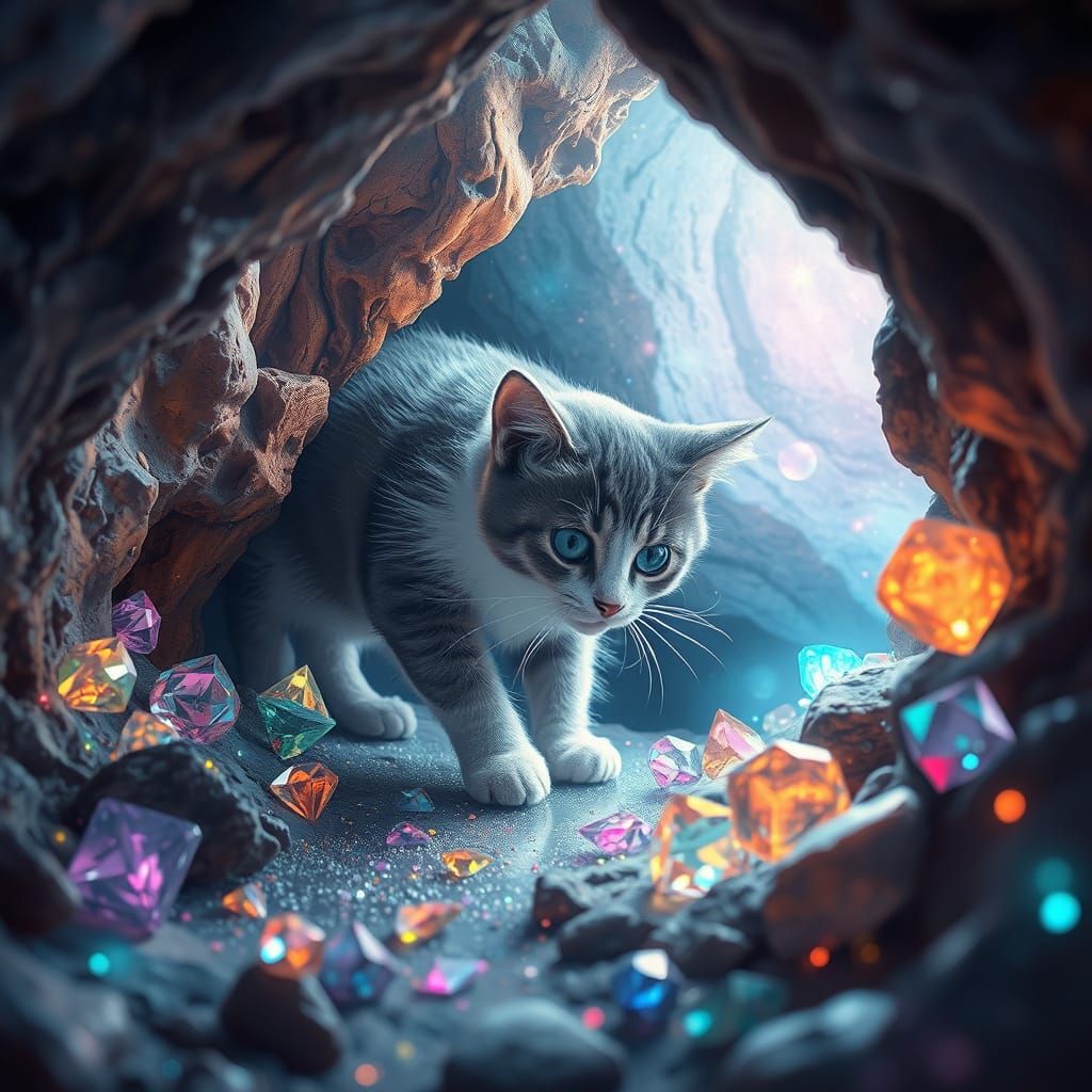 Ethereal Cat in Vibrant Crystal Cave