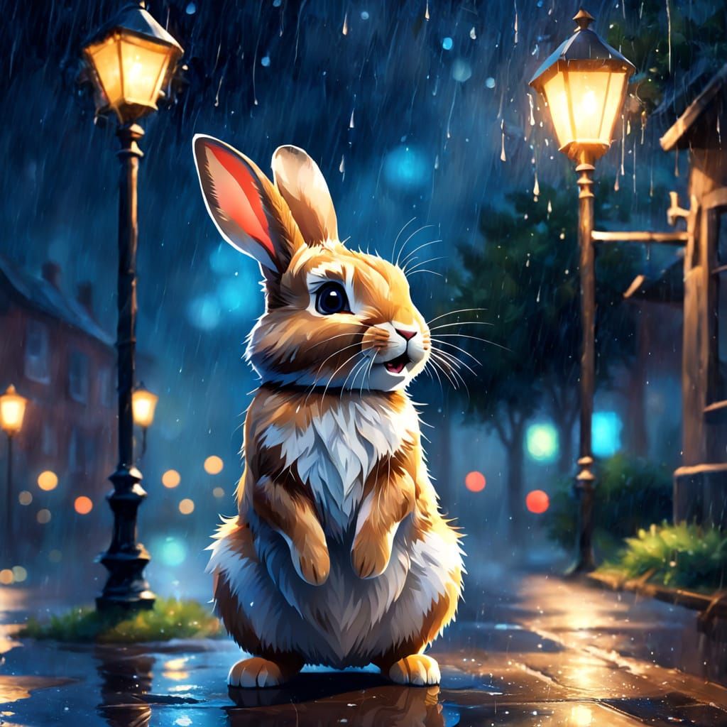 Whimsical Rabbit Under Streetlamp on Rainy Night