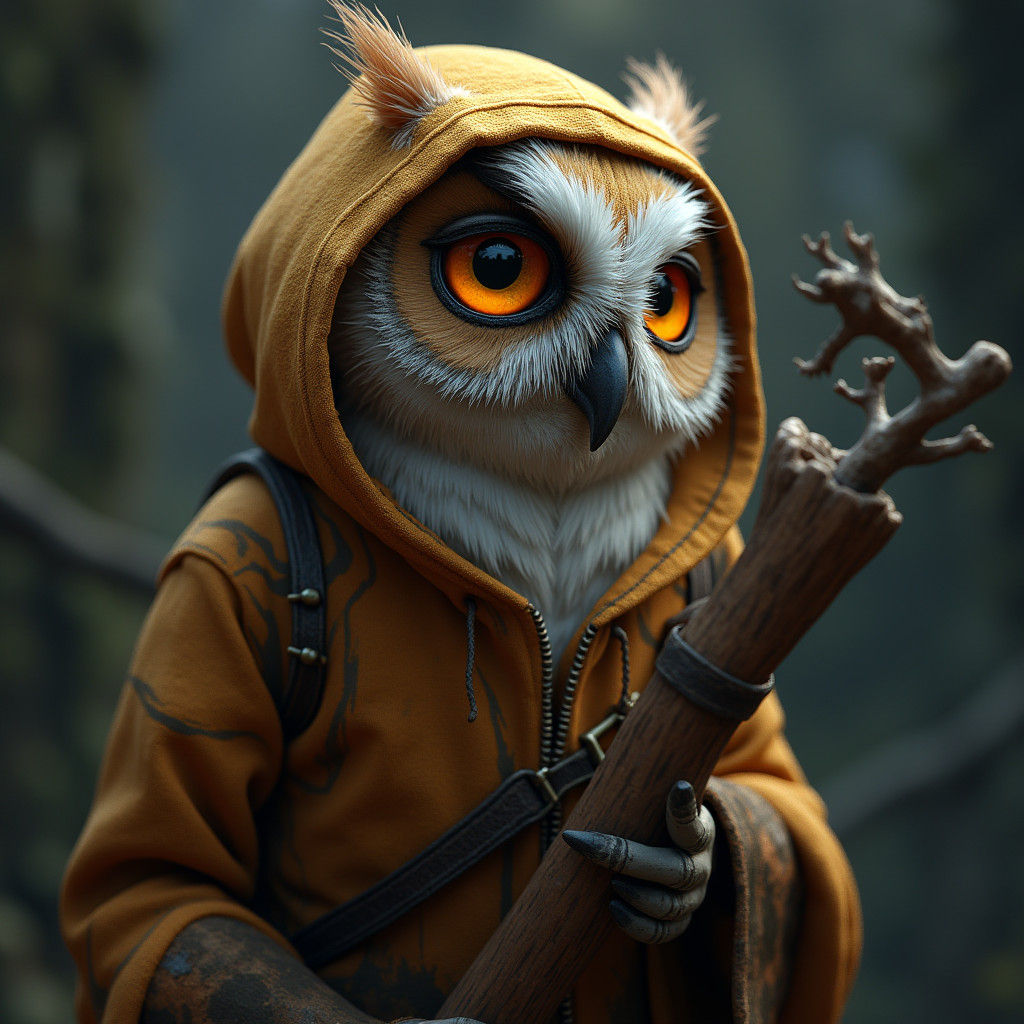 Wise Old Owl in Golden Hoodie, 8K Unreal Engine