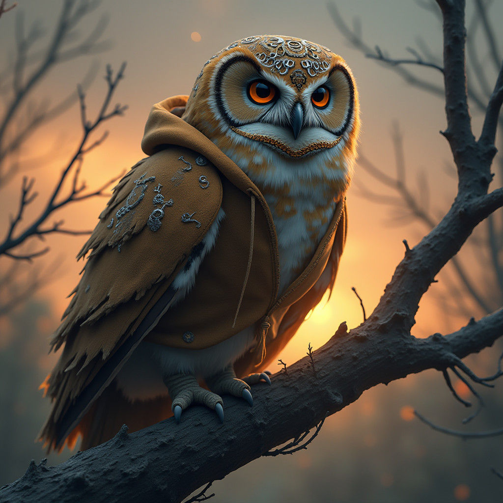 Wise Owl in Hoodie, Matte Painting Style