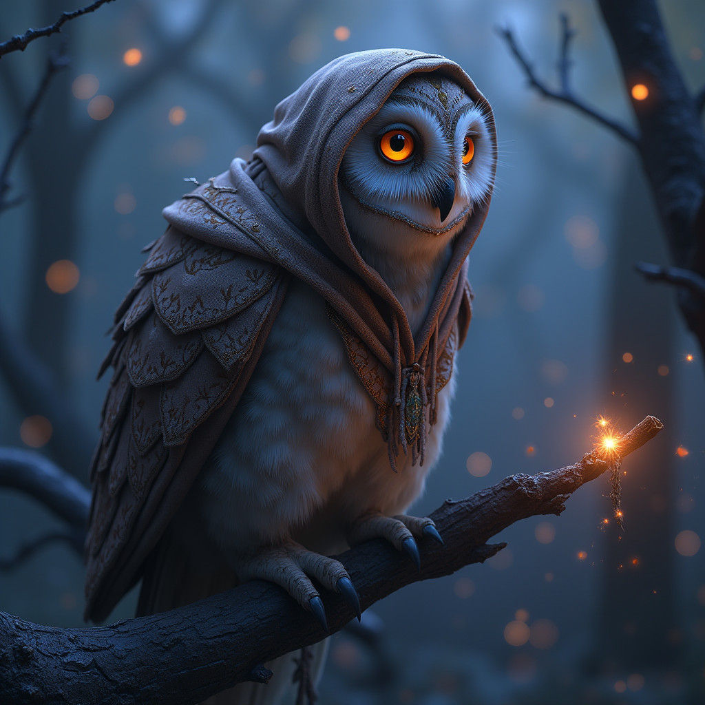 Hooded Owl in Mystical Landscape, Fantasy Concept Art