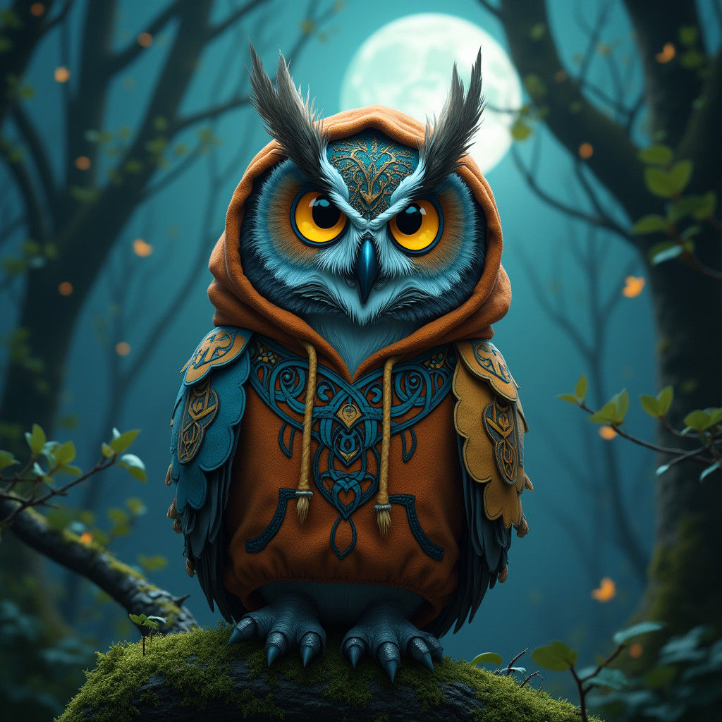 Hooded Owl in Moonlit Forest: Matte Painting