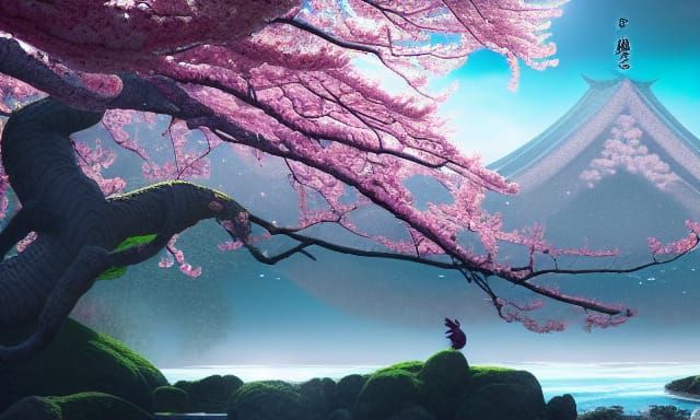 Japanese Goddess Protects Cherry Blossom Tree, Fantasy Art