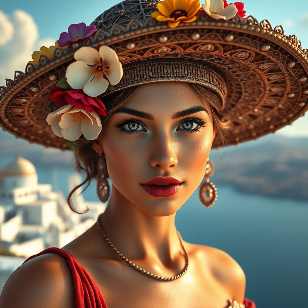 Greek Woman with Floral Hat in Matte Painting