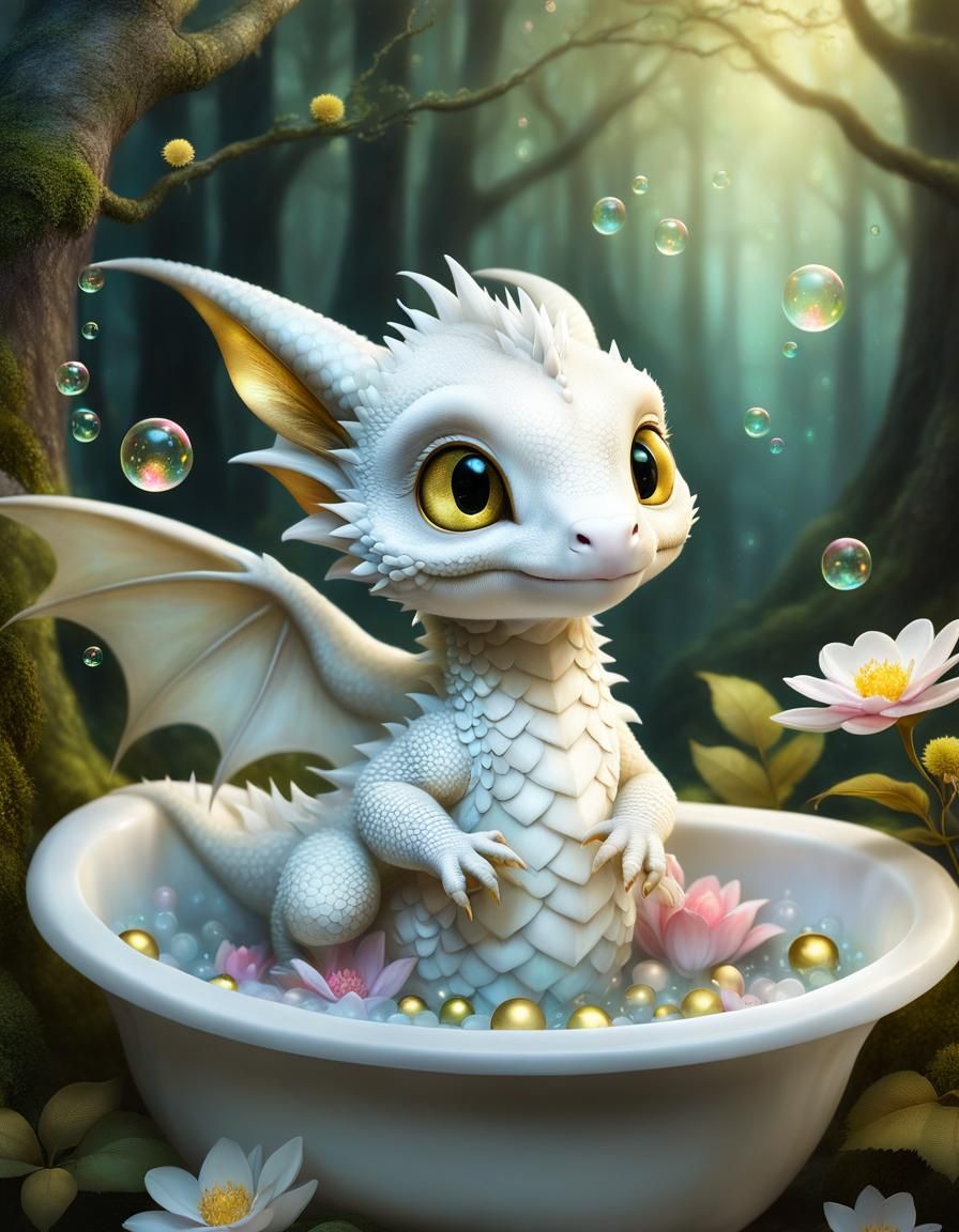 Baby dragon taking a bath