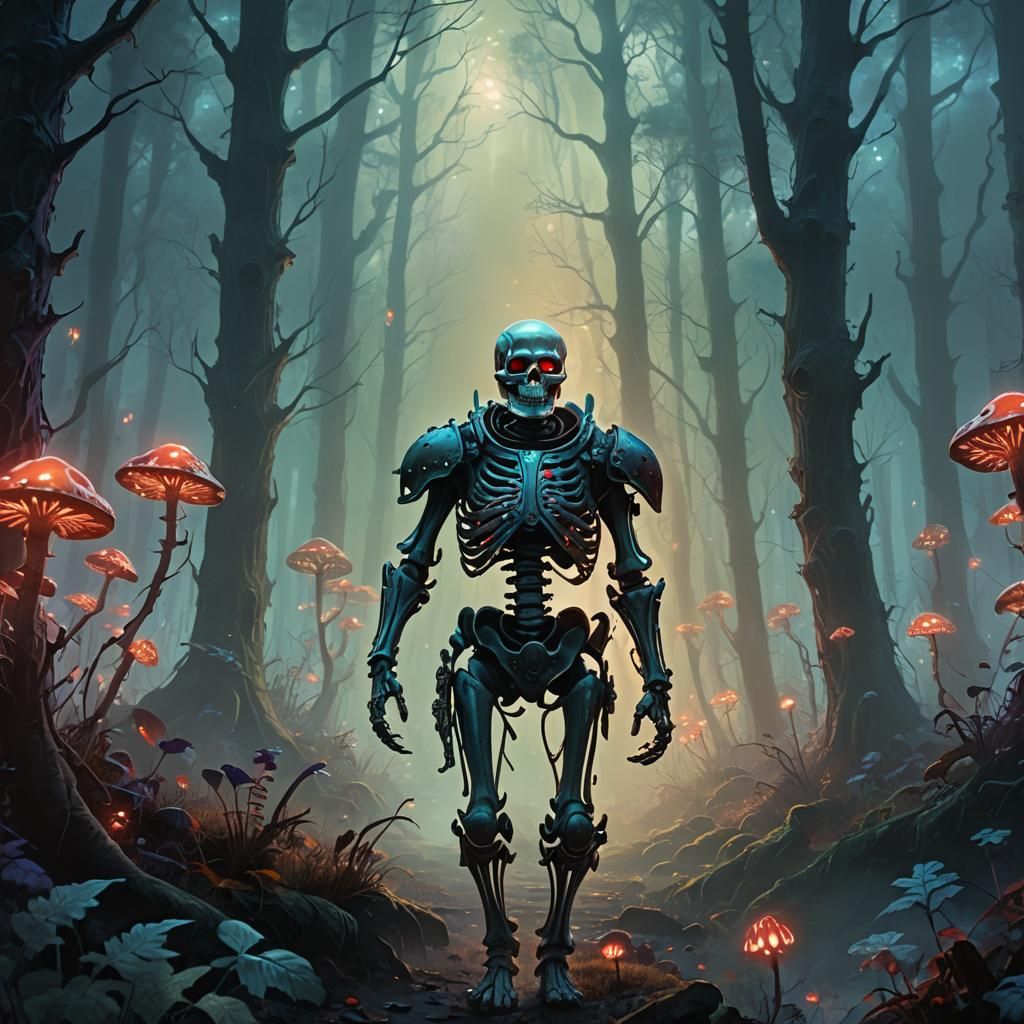 Skeleton in Glowing Armor in Dark Fantasy Forest