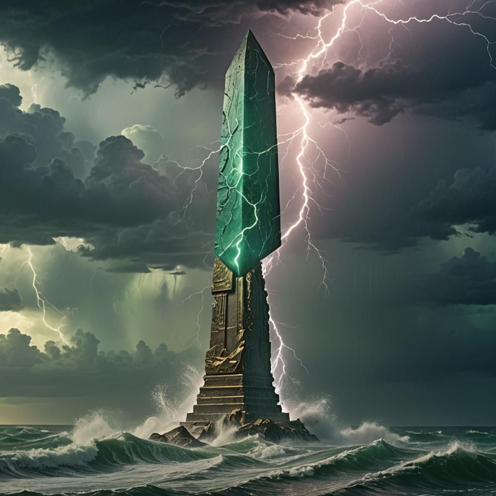 Ancient Obelisk in Stormy Sea with Metallic Object
