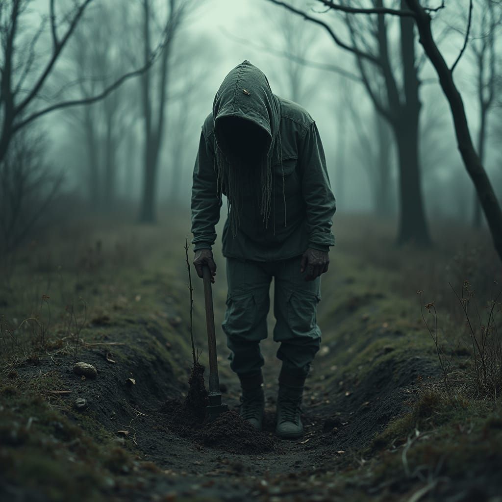 Dark Surrealism: Figure Digging Grave at Dusk