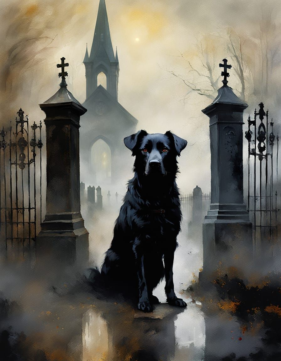 Spectral Black Dog in Foggy Churchyard