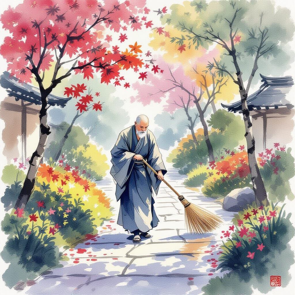 Aged Japanese Monk Sweeping Garden Path in Impressionist Sty...