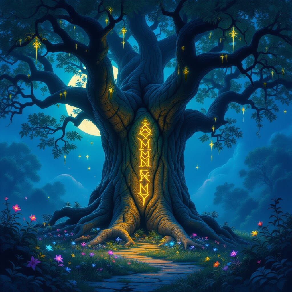 Ancient Tree with Glowing Runes in Moonlit Mystical Clearing