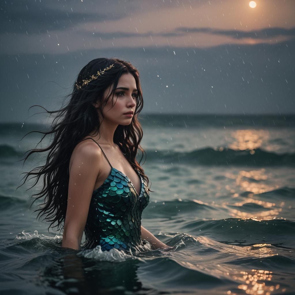 Mermaid Watches Perseid Shower in Stormy Sea