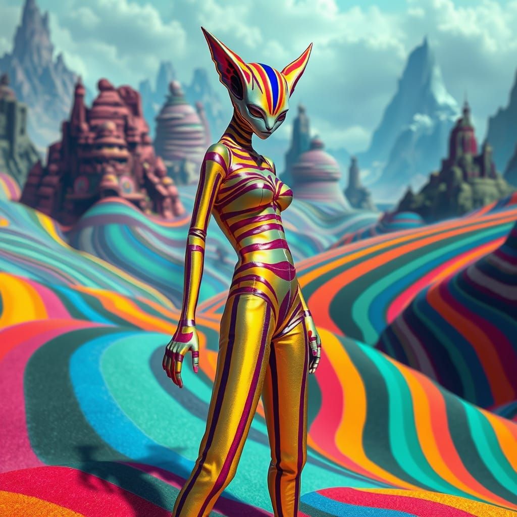 Surreal Striped Creatures in Vibrant Dreamscape