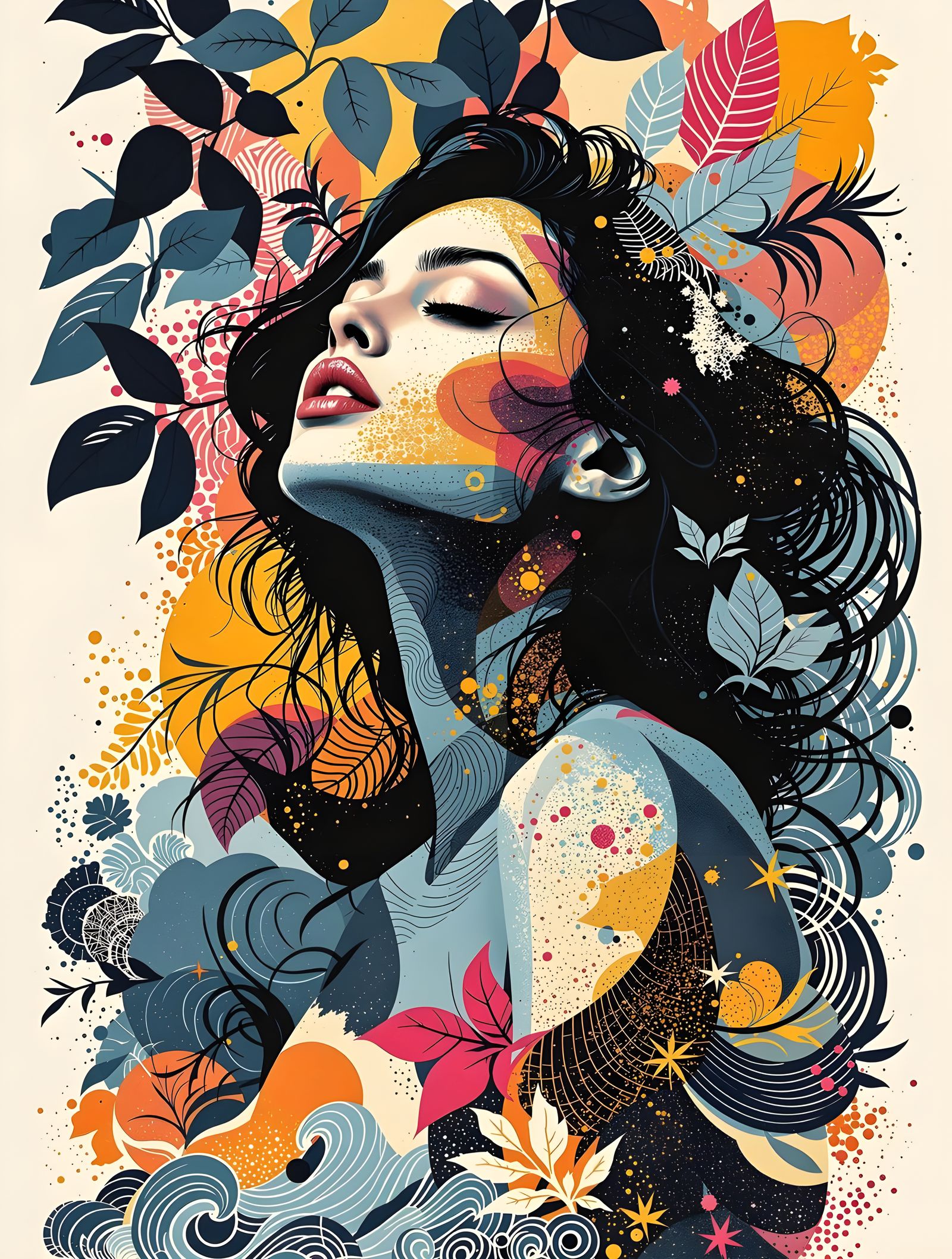 Modern Goddess of Defiant Elegance in Linocut Art