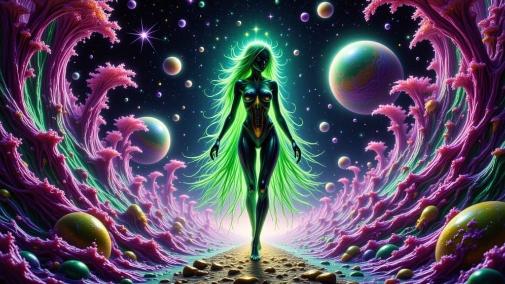 Mesmerizing Metallic Goddess Silhouette in Neon Hues