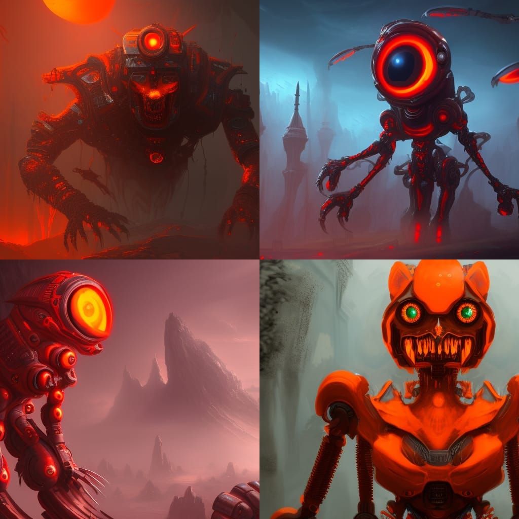 Scary Orange Robot with Red Eyes