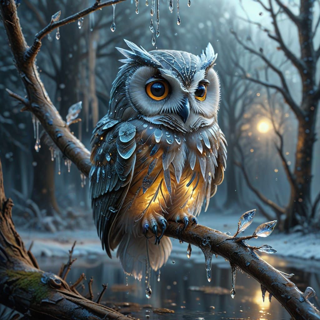 Surreal Ice Owl Dripping in Misty Forest