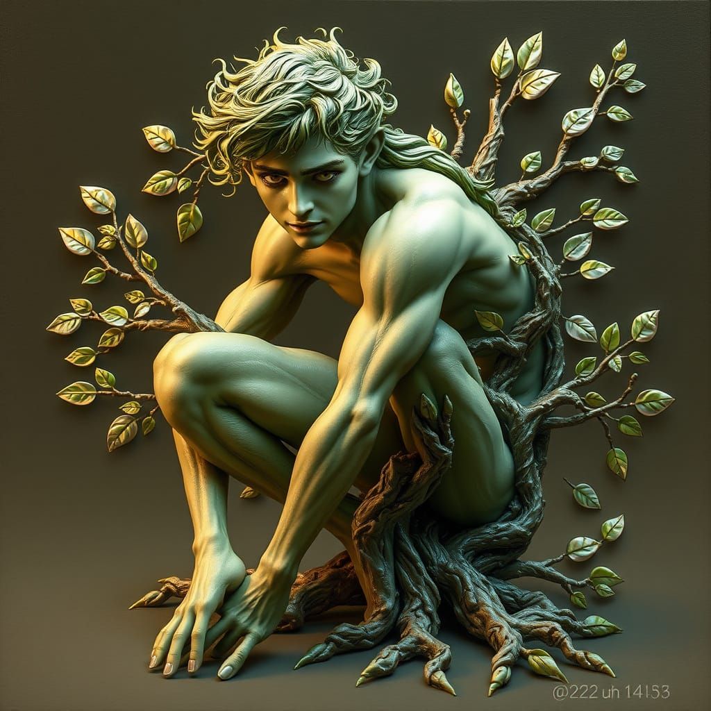 Green Dryad Transforms: Hyperrealistic Art Deco Painting
