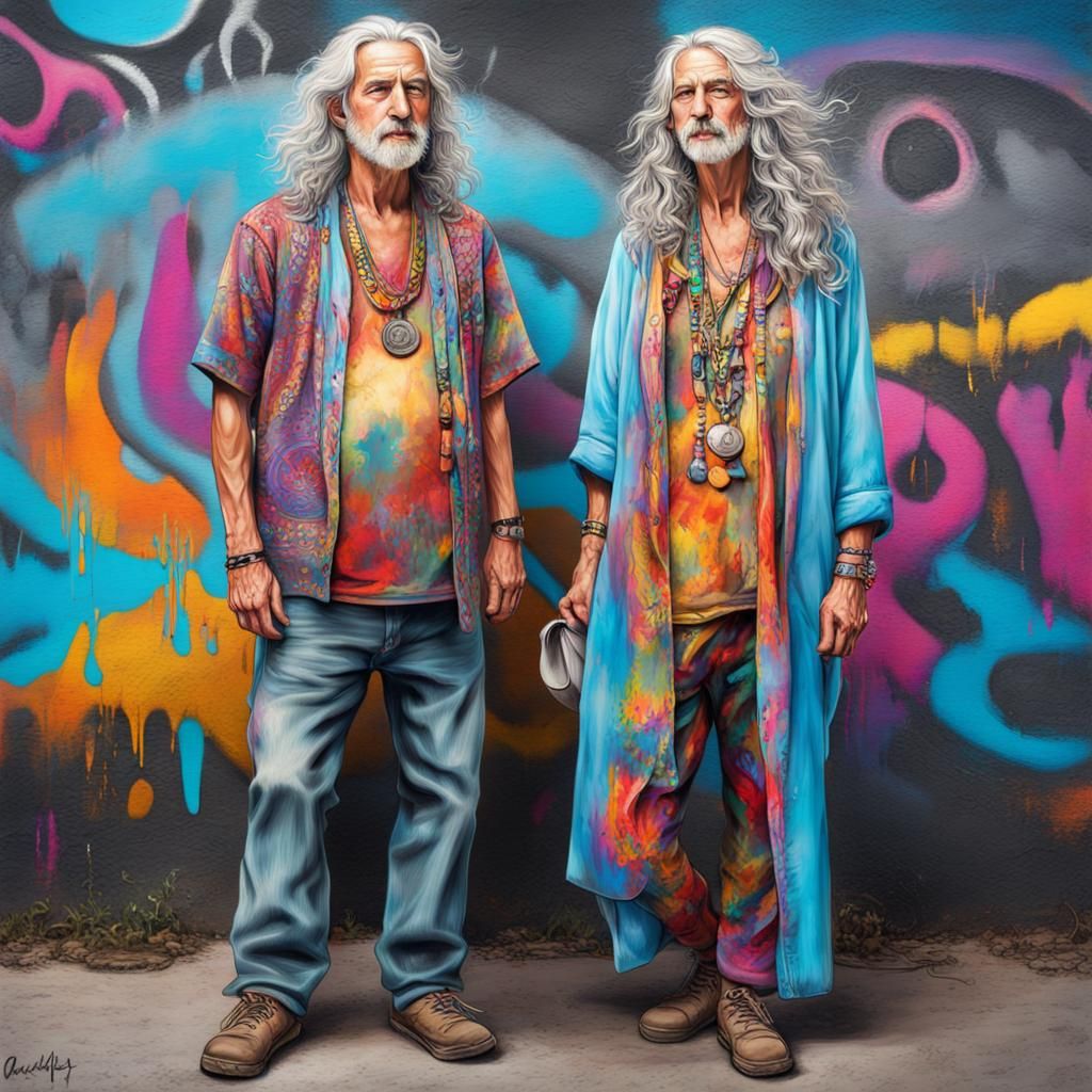 Colorful Hippie Couple at Festival in Graffiti Art Style