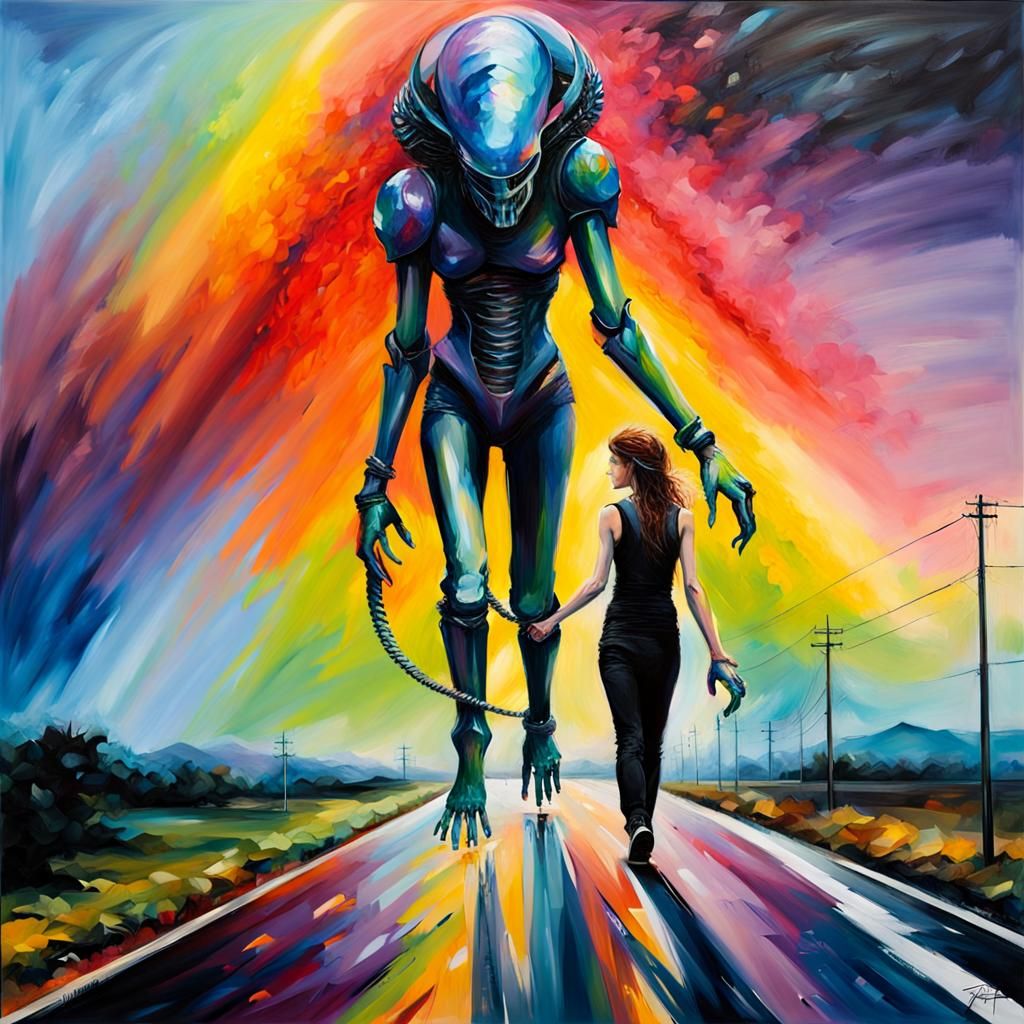 Sapphic Xenomorph Stroll: Iridescent Oil Painting
