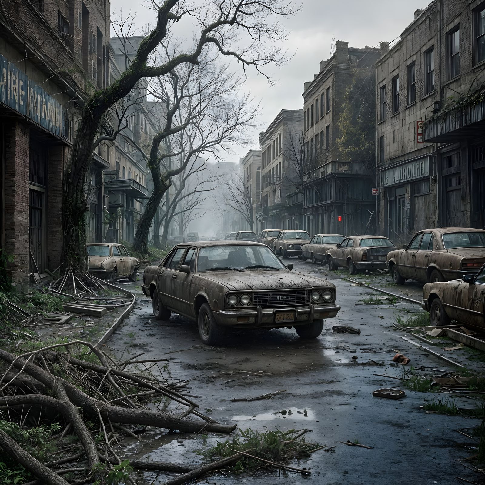 Post-Apocalyptic Cityscape in Dark, Eerie Atmosphere