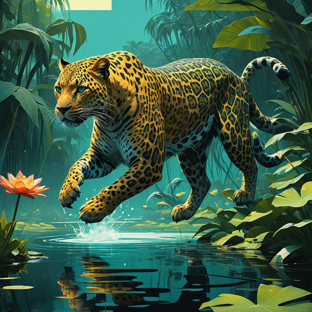Vibrant Leopard Leaps Over Serene Lake in Futuristic Tropica...