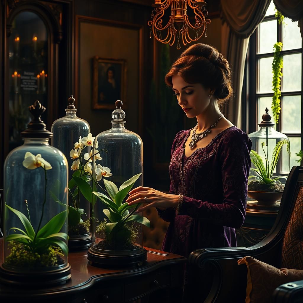 Victorian Lady Surrounded by Exotic Terrariums