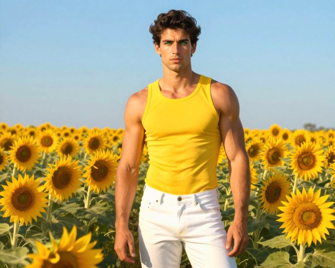 Handsome Man in Yellow Tank Top in Sunflower Field