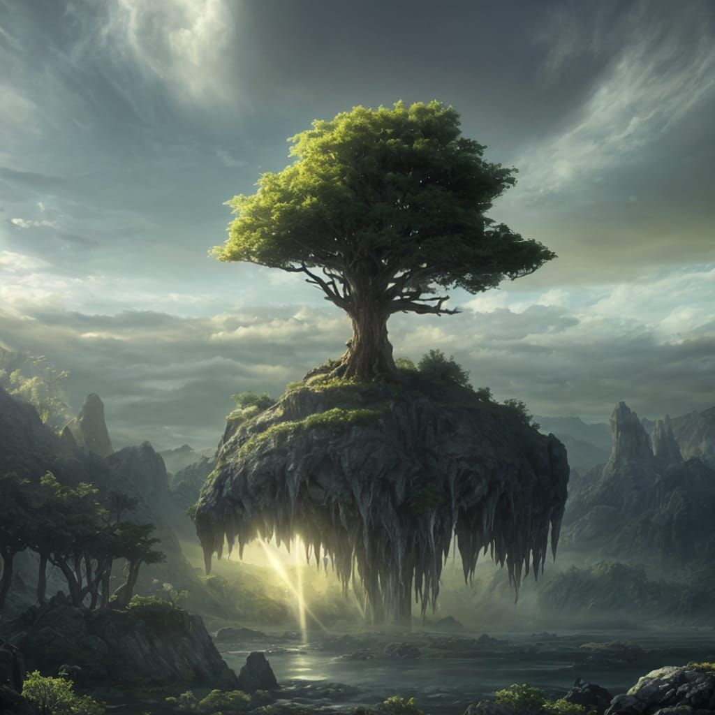 Surreal Ygdrassil Tree on Heavenly Island Basks in Divine Su...