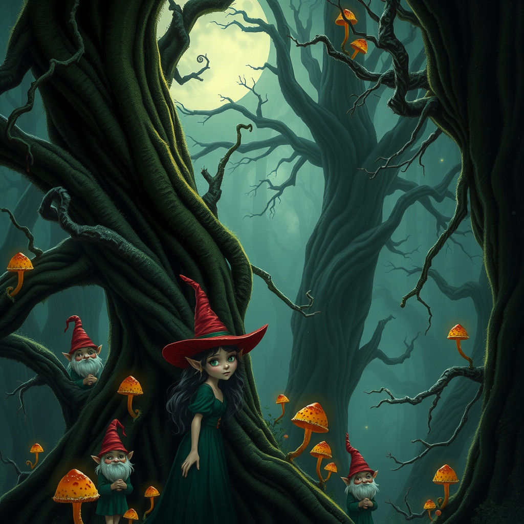 Enchanted Forest Scene with Elves and Gnomes