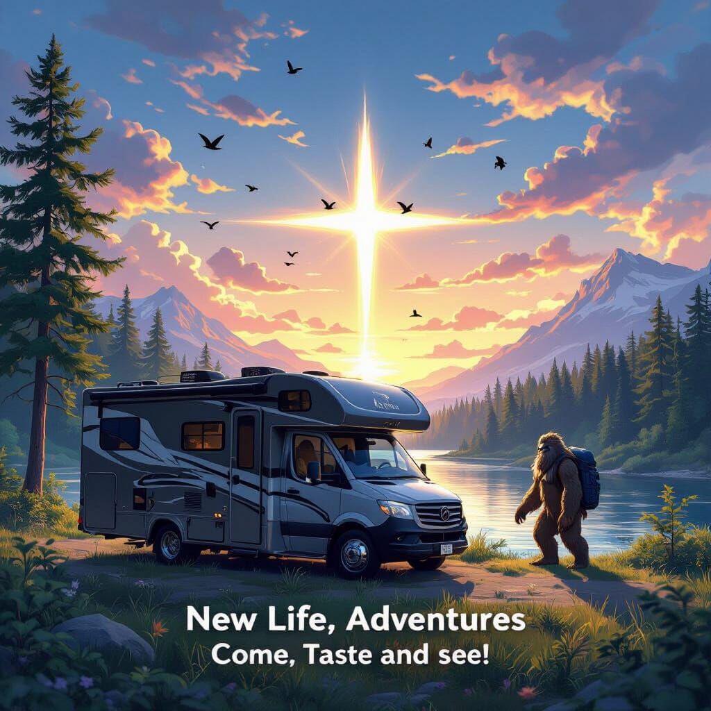 Motorhome Adventure with Sasquatch in Anime Style