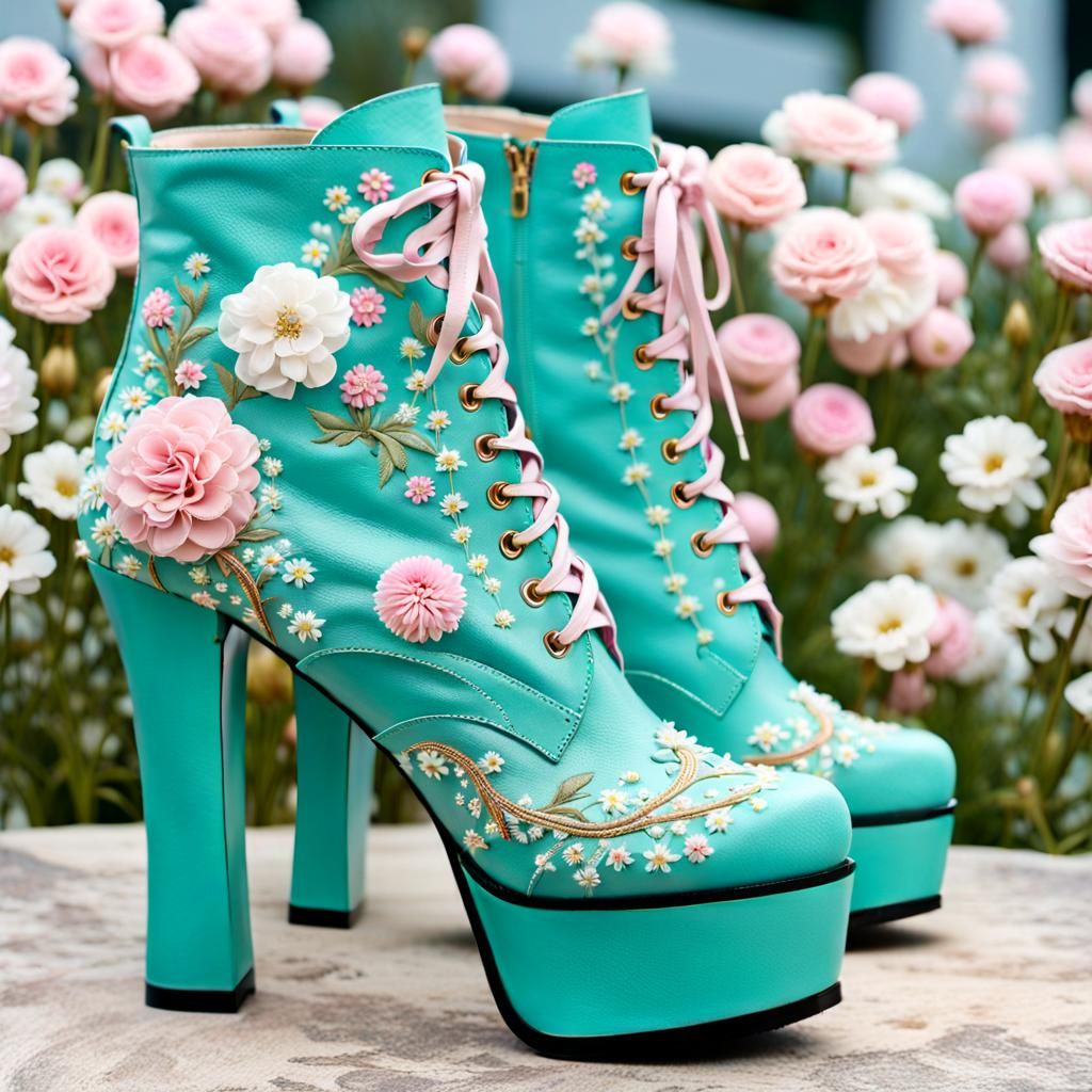 Teal platform boots embroidered with tiny delicate light pin...