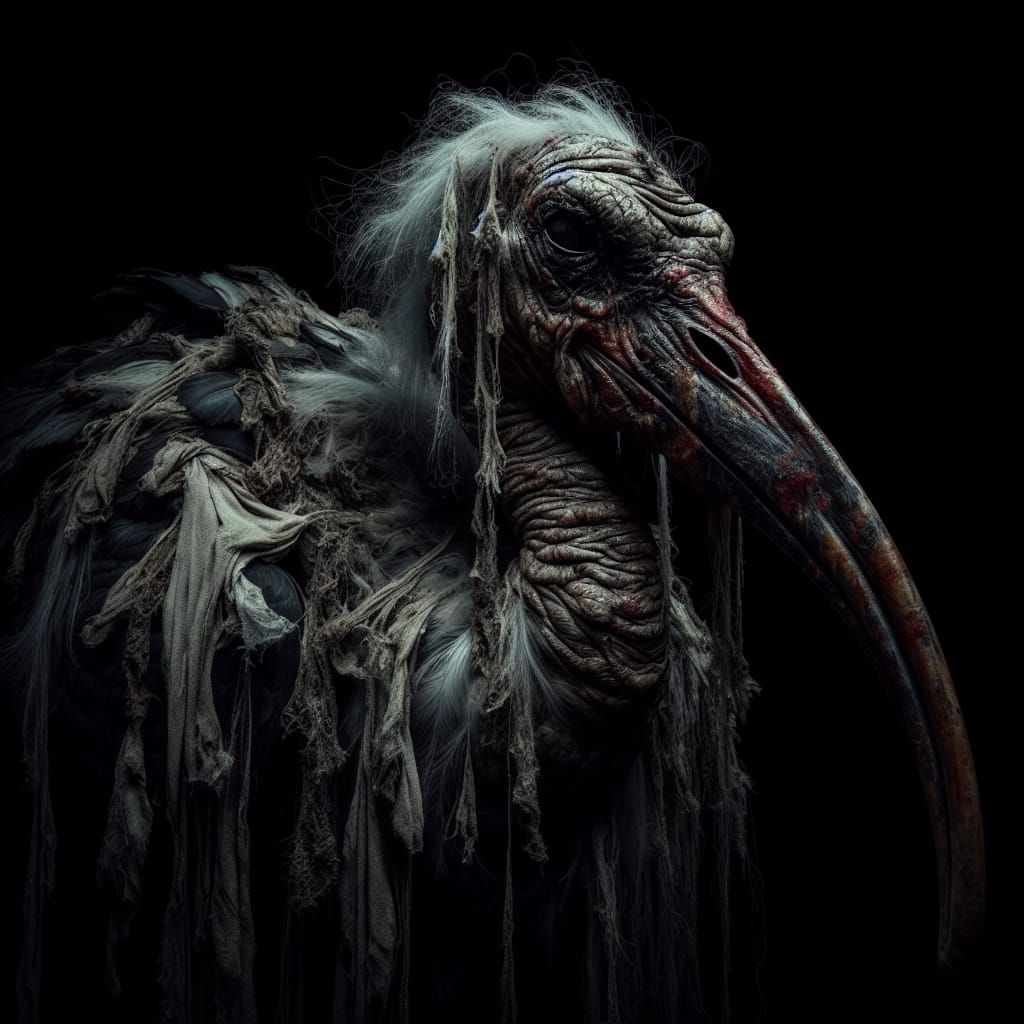 Weathered Ibis Portrait in Dark Cave