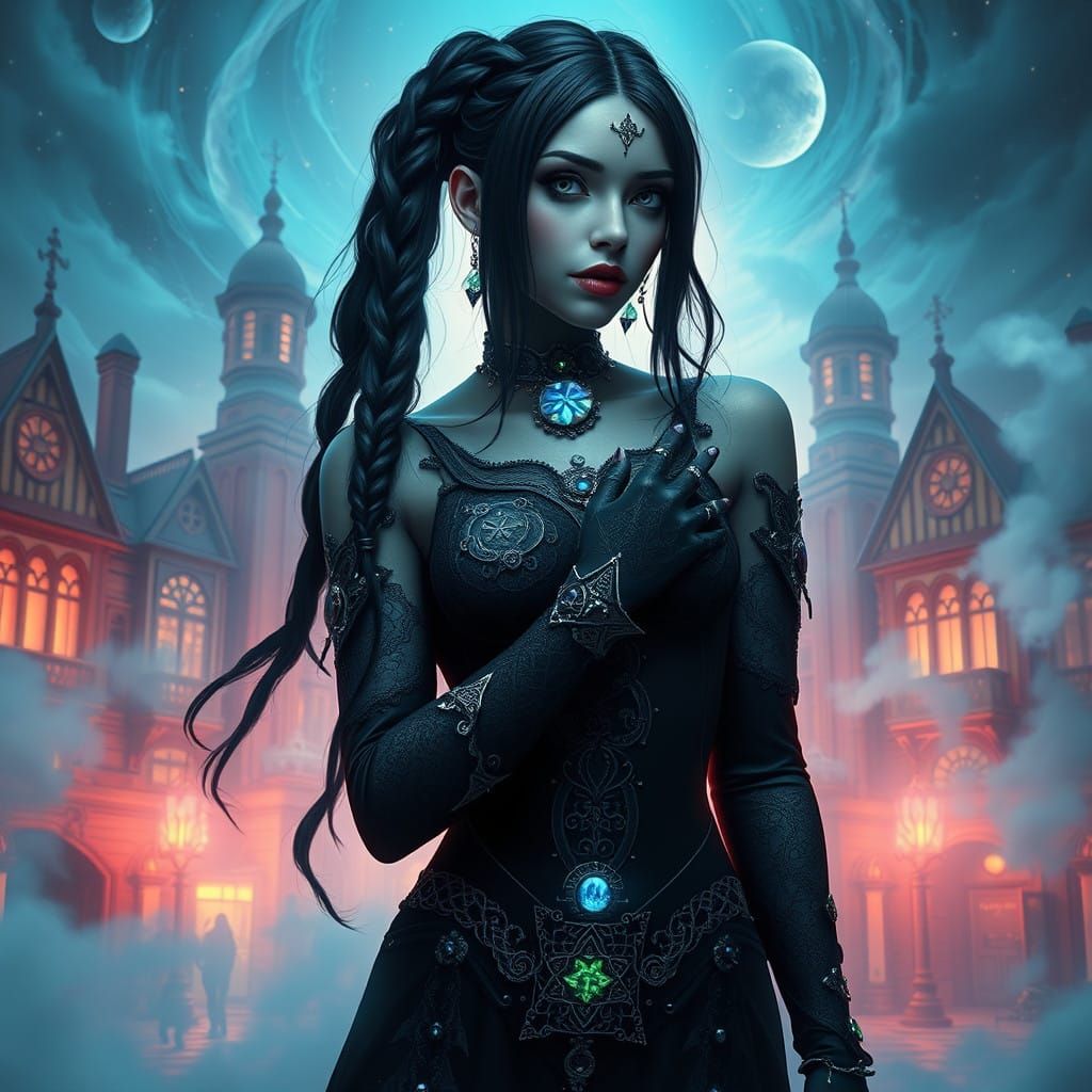 Ethereal Gothic Hybrid in Whirling Steampunk Metropolis