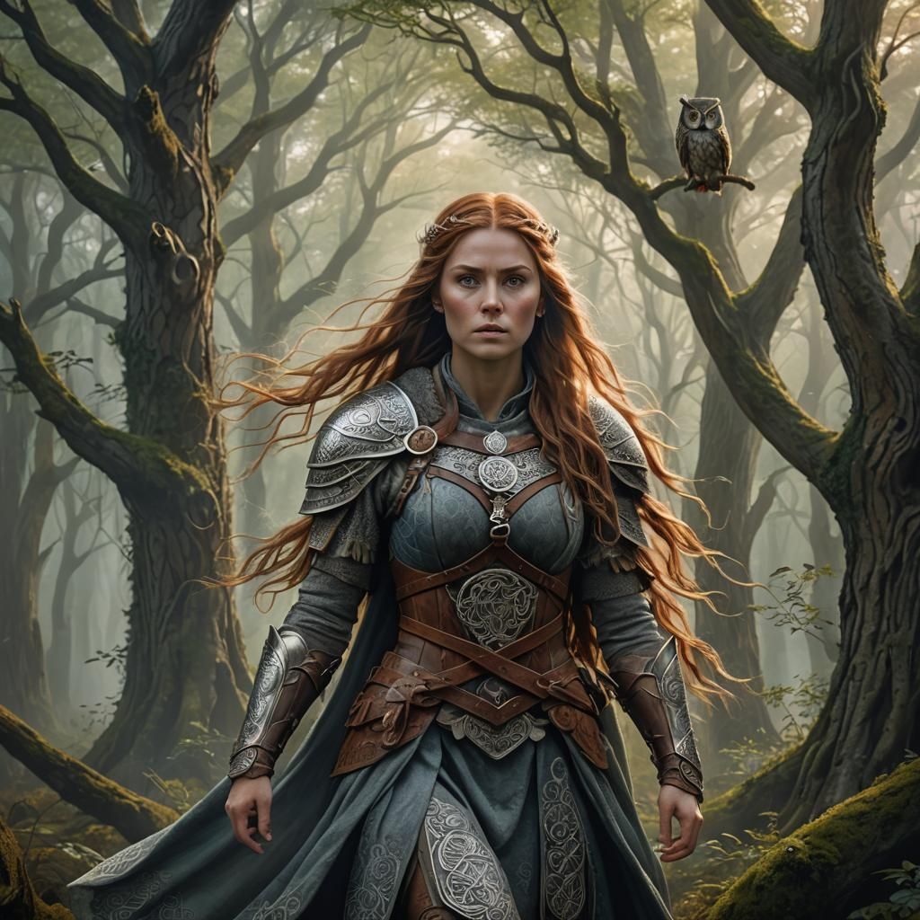 Celtic Shieldmaiden in Misty Forest, Digital Art