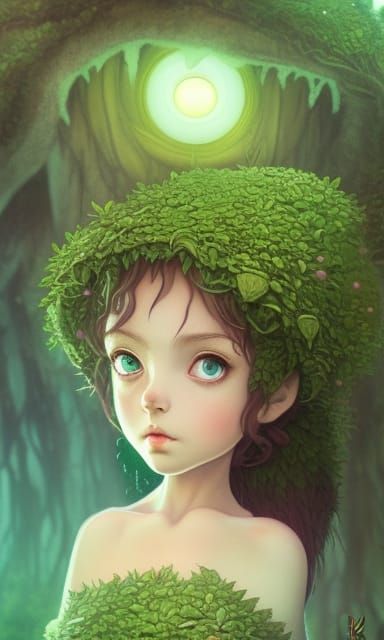 Mossy Dryad Maiden Portrait in Manga Style