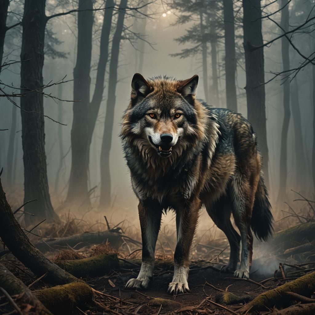 Angry Wolf in Foggy Woods, Dark Fantasy Photo