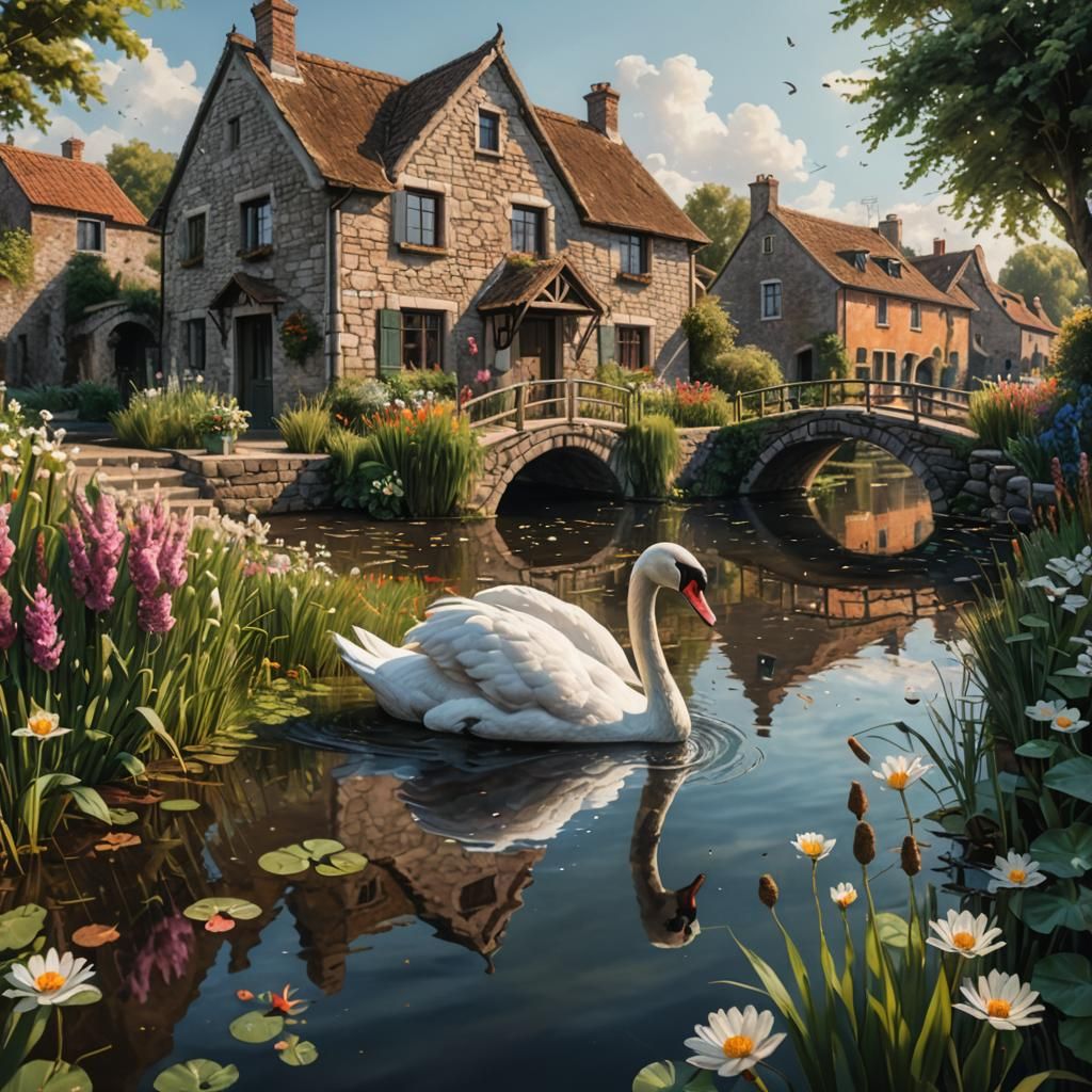 Swan in Canal with Stone Bridge, Hyperrealistic Art