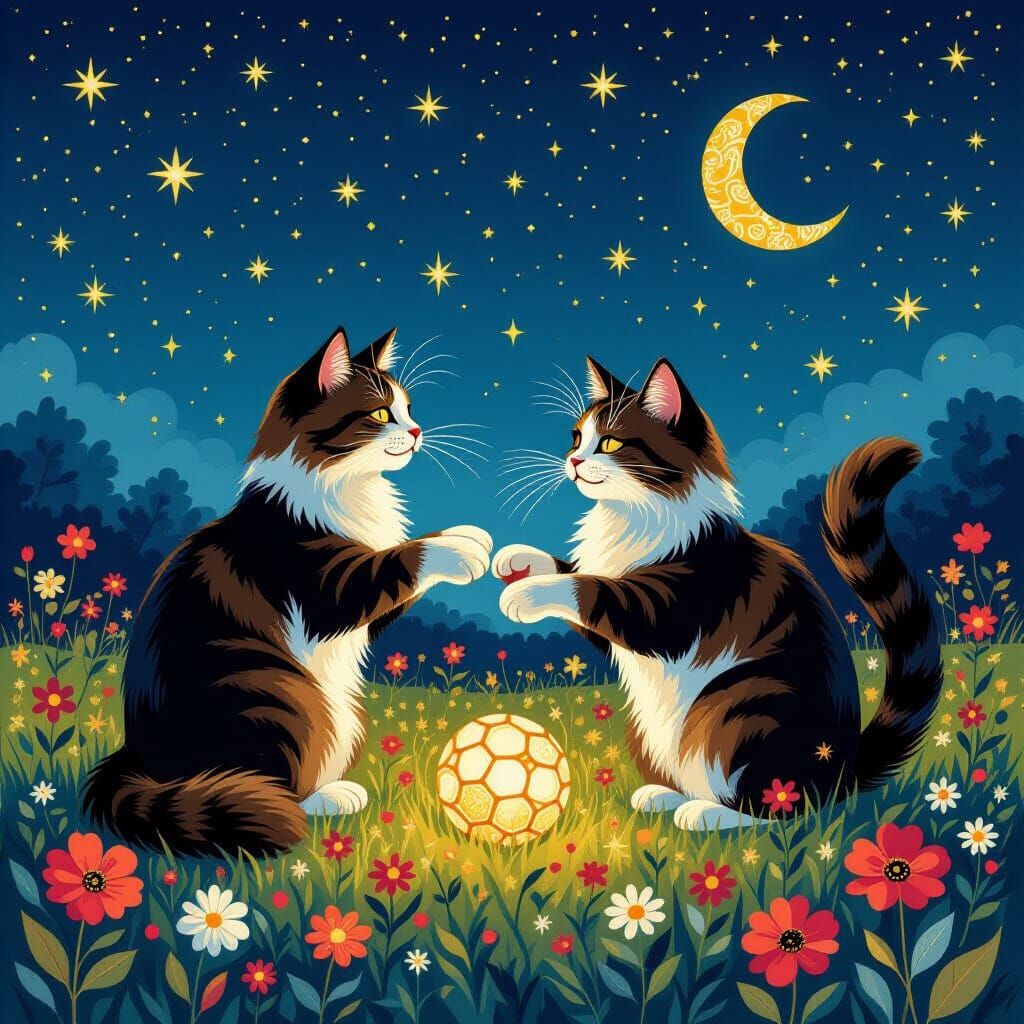 Klimt-Inspired Cats Play Ball Under Starry Night Sky