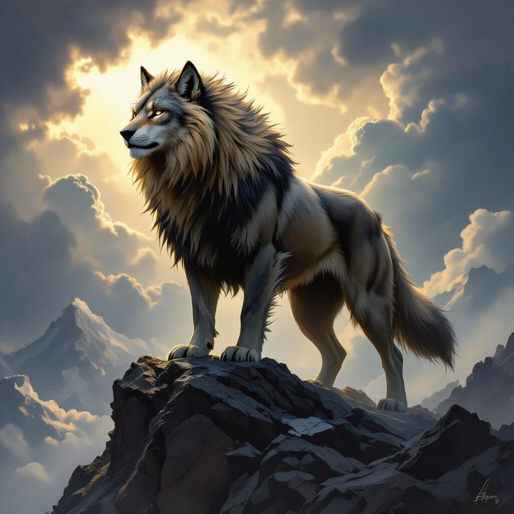 Wolf-Lion Hybrid on Mountain Peak in Dark Fantasy Style