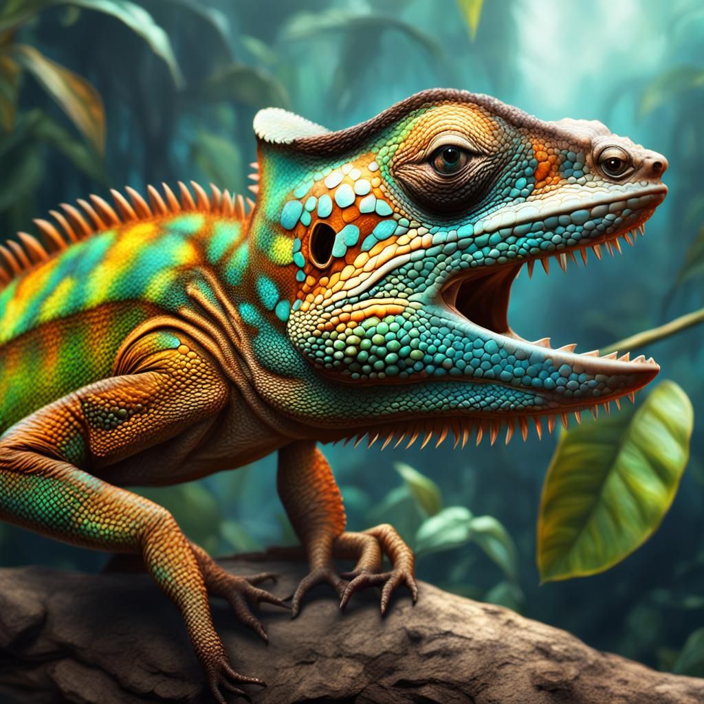 Happy Chameleon Lizard in Detailed Digital Painting