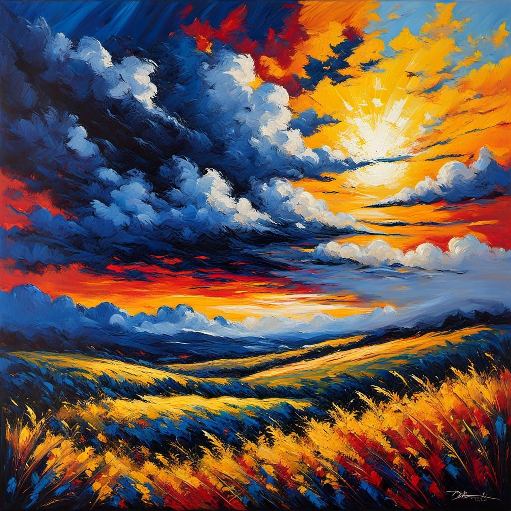 Encaustic Sunrise Painting with Impressive Sky