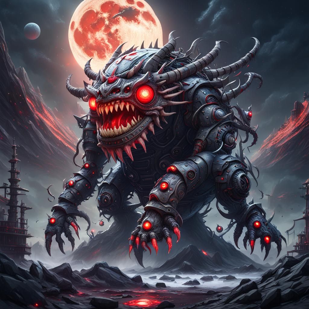 Giant Mechanical Moon Monster with Red Eyes